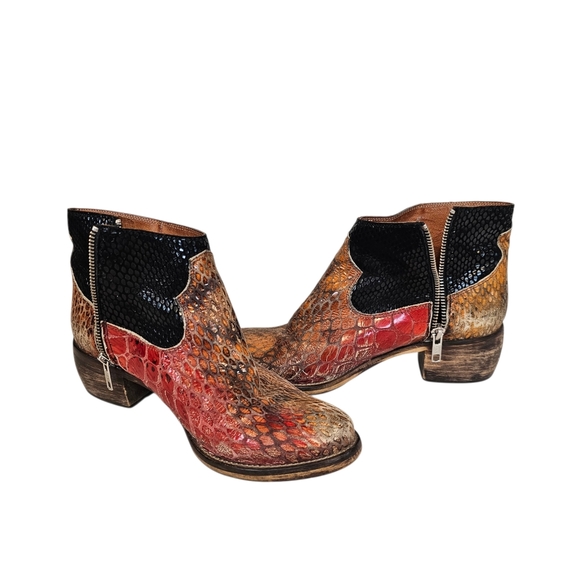 Free People RARE Snake Print Colorful Leather Heeled Boots Bohemian Distressed - Picture 3 of 9